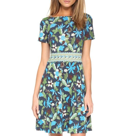 TORY BURCH Wisteria Garden A Line Flare Dress Size Large Cotton Floral Knit - Picture 1 of 6